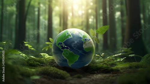 Nature Conservation and Global Sustainability: The Green Globe in the Forest. Generative AI © photobuay