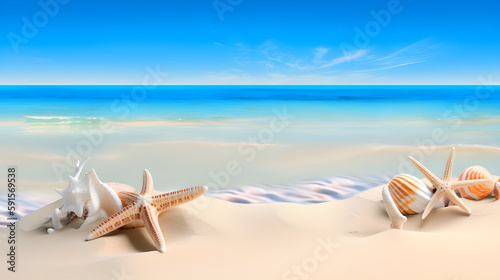 Seashells on Seashore - Beach Vacation Background. Generative AI