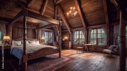 A grand rustic wood master bedroom, interior design render © Giordano Aita