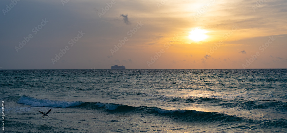 panoramic seascape horizon at sunrise sky. photo of seascape horizon at sunrise.