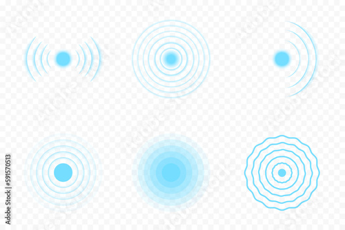 Sonar wave and echo sounding symbol. Sonic sonar signals, radar waves and digital pulses. Collection of sonar wave icons on transparent background. Vector