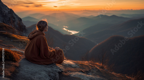 A young woman meditating sitting on a mountain top, with a stunning sunset in the background - ai generative © Giordano Aita