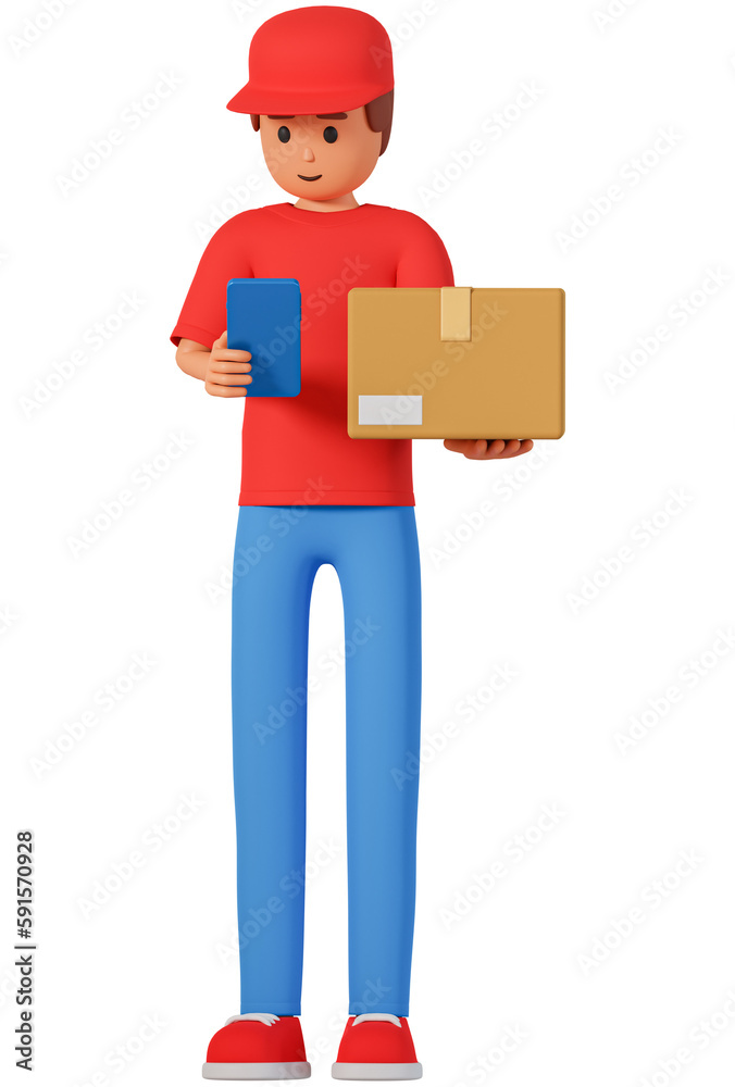 Courier in cap hold parcel and checking cell phone 3d illustration. Courier delivery concept with man standing full length and hold box and smartphone