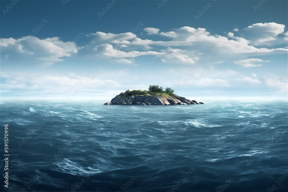 Ocean landscape with island at the horizon, generative ai Ocean landscape with island at the horizon, generative ai