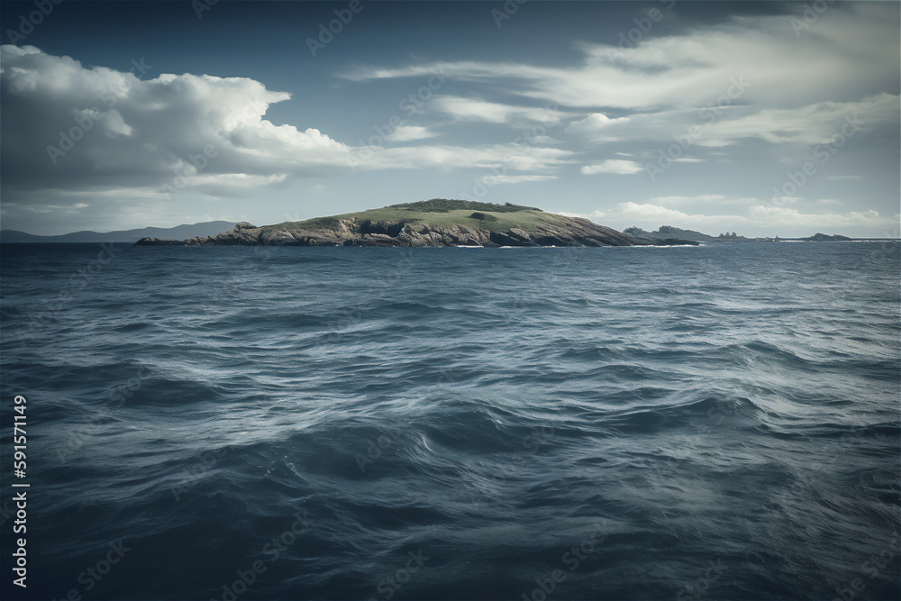 Ocean landscape with island at the horizon, generative ai Ocean landscape with island at the horizon, generative ai