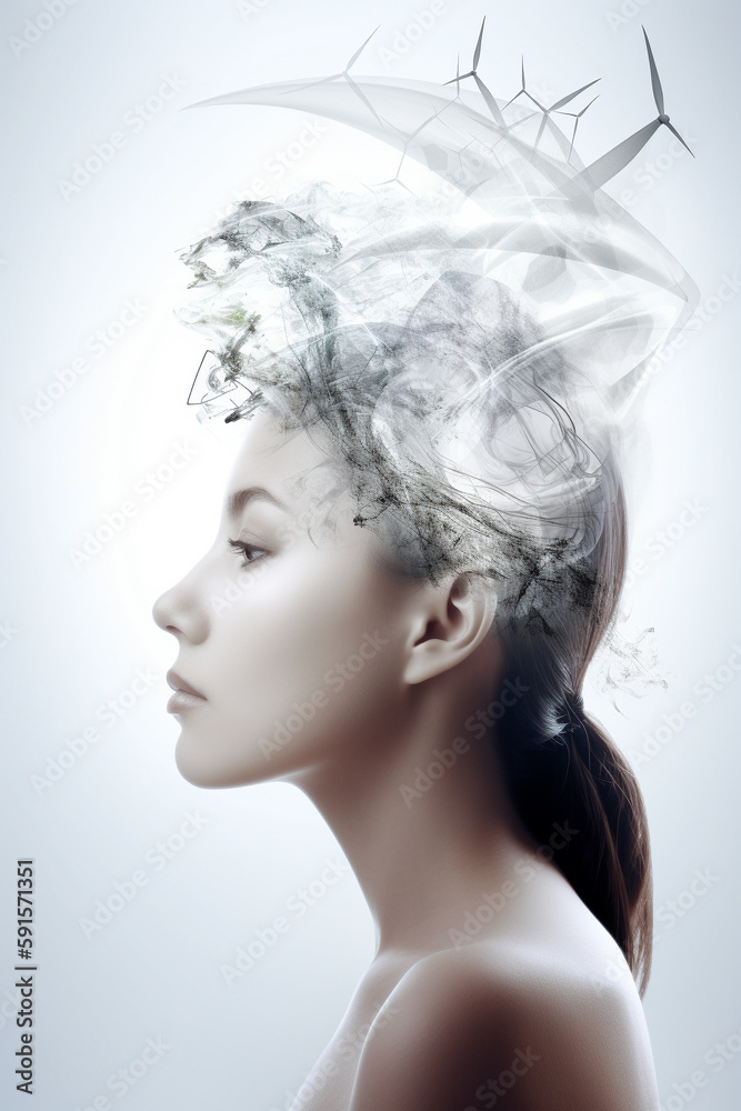 Fototapeta premium Sustainable energy. Conceptual portrait of a beautiful young woman, photo collage with clean and sustainble energy elements. Illustration. Generative AI