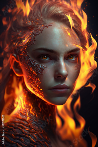 Conceptual portrait - beautiful young woman made from fire. Illustration. Generative AI.