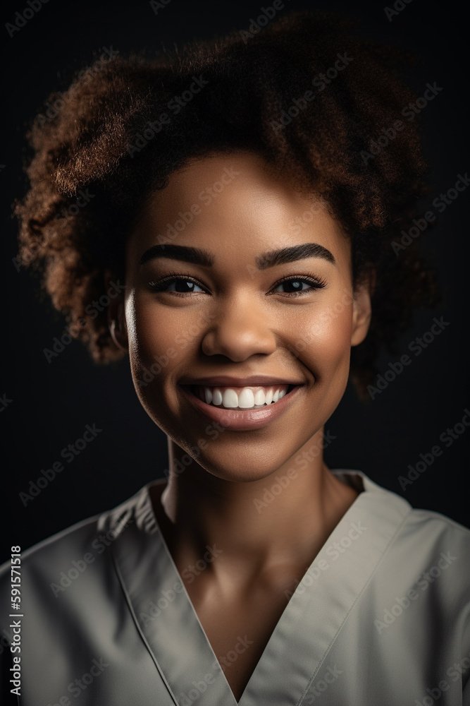 Portrait of a beautiful young african american female doctor smiling. Illustration. Generative AI Portrait of a beautiful young african american female doctor smiling. Illustration. Generative AI