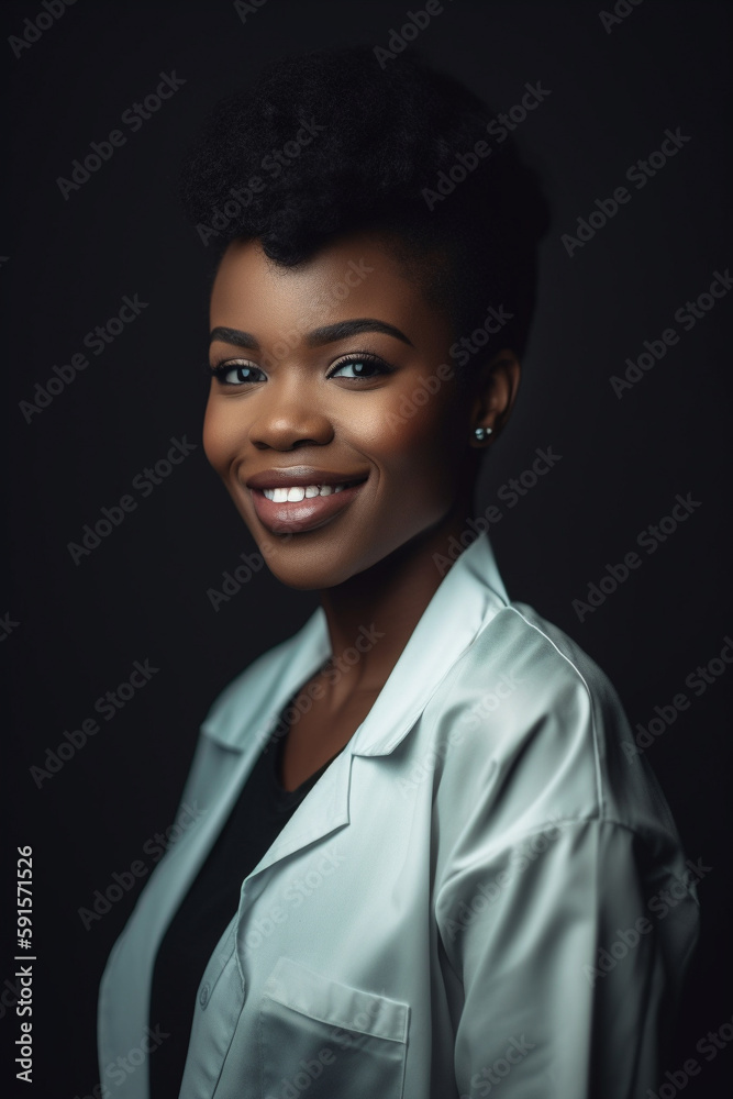 Portrait of a beautiful young african american female doctor smiling. Illustration. Generative AI Portrait of a beautiful young african american female doctor smiling. Illustration. Generative AI