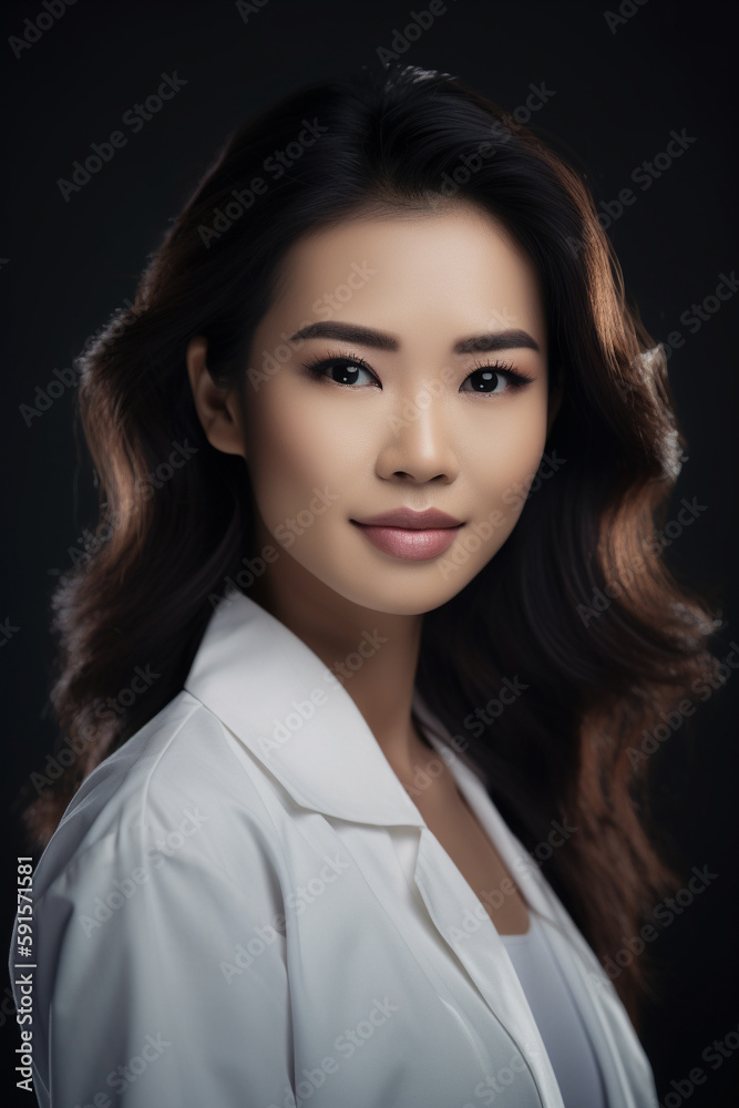 Portrait of a beautiful young asian female doctor smiling. Illustration. Generative AI Portrait of a beautiful young asian female doctor smiling. Illustration. Generative AI