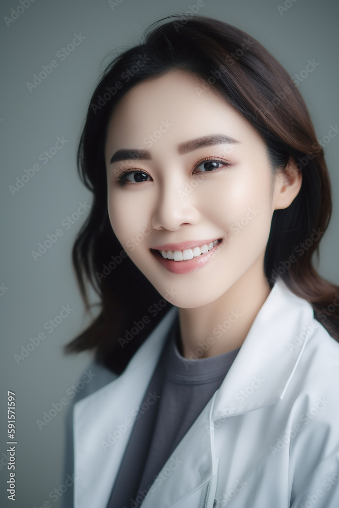 Portrait of a beautiful young asian female doctor smiling. Illustration. Generative AI Portrait of a beautiful young asian female doctor smiling. Illustration. Generative AI