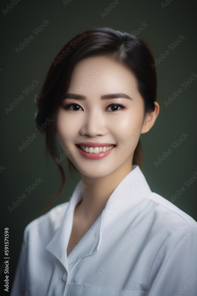 Portrait of a beautiful young asian female doctor smiling. Illustration. Generative AI Portrait of a beautiful young asian female doctor smiling. Illustration. Generative AI