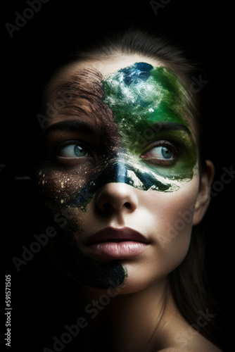 Conceptual portrait - beautiful young woman with Planet Earth on her face. Sustainability, eco, green, planet friendly. Illustration. Generative AI.