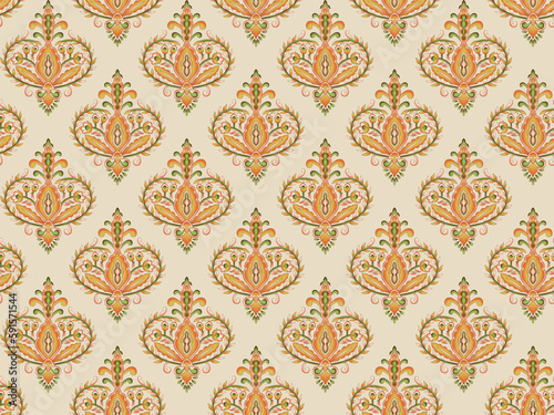 Blue, red and green Turkish seamless pattern with luxury floral ornament. Traditional Arabic, Indian motifs. Great for fabric and textile, wallpaper, packaging or any desired idea.