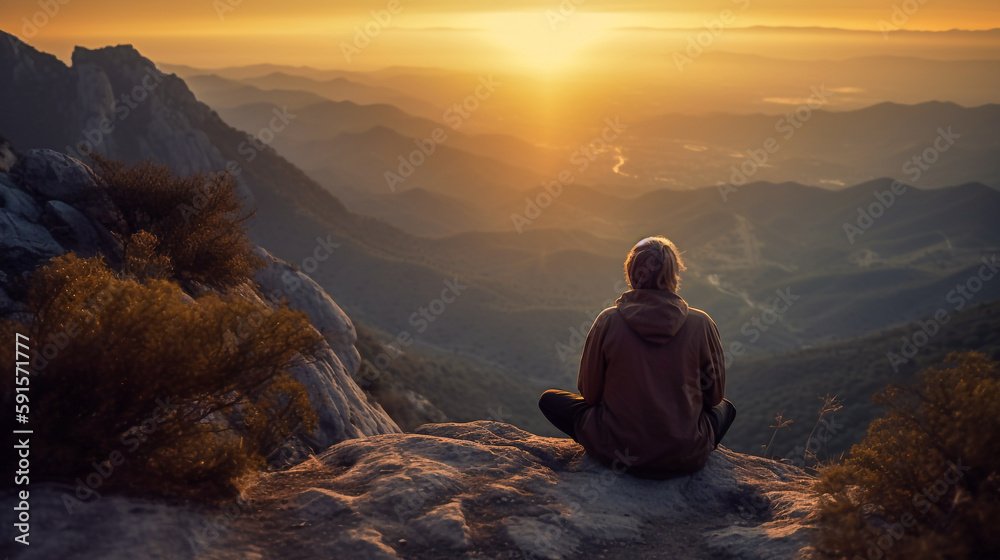 A young woman seen behind meditating sitting on a mountain top, with a stunning sunset in the background - ai generative