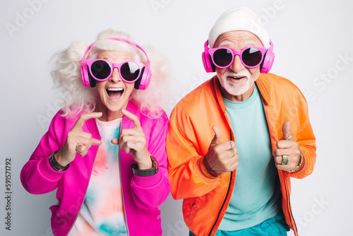 Funny old couple dressed as teenagers with sunglasses and earphones having fun. Generative AI.