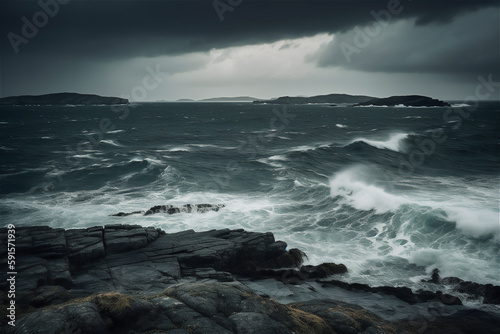 stormy coastal landscape with island at the horizon, generative ai