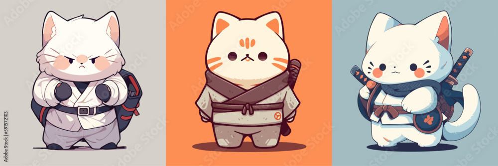 Fototapeta premium Flat color vector of cute cats samurai set collection
