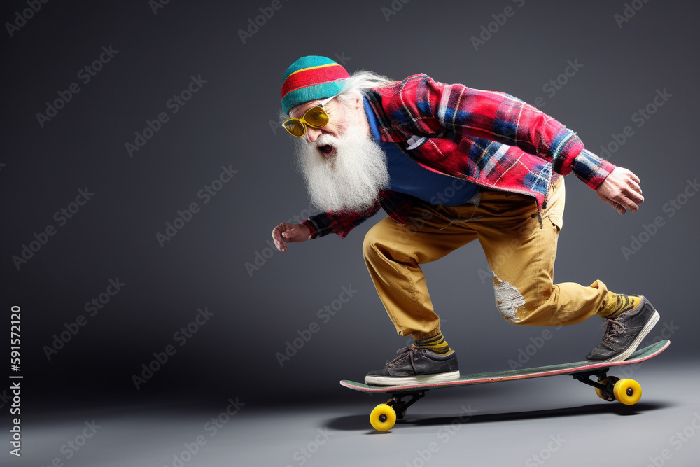 Obraz premium Funny old man riding a skateboard. Generative AI