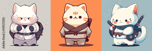 Flat color vector of cute cats samurai set collection