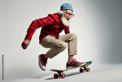 Funny old man riding a skateboard. Generative AI