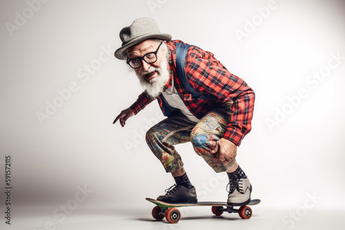 Obraz na płótnie Funny old man riding a skateboard. Generative AI