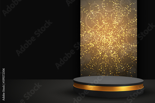 Black and gold pedestal podium. Luxury black scene for product presentation. EPS10 vector