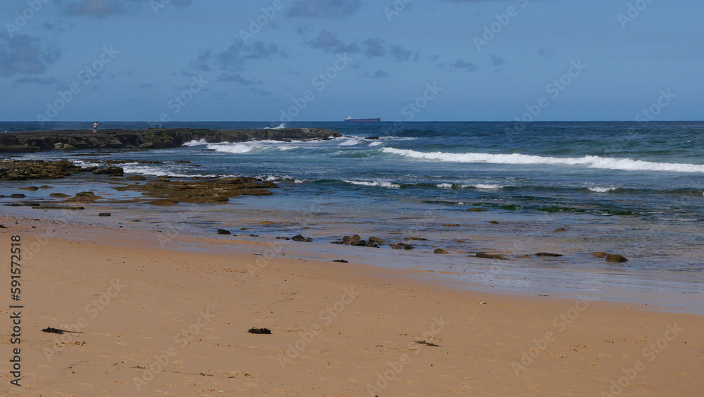 Beautiful beach scene with sand in foreground and rolling waves in background