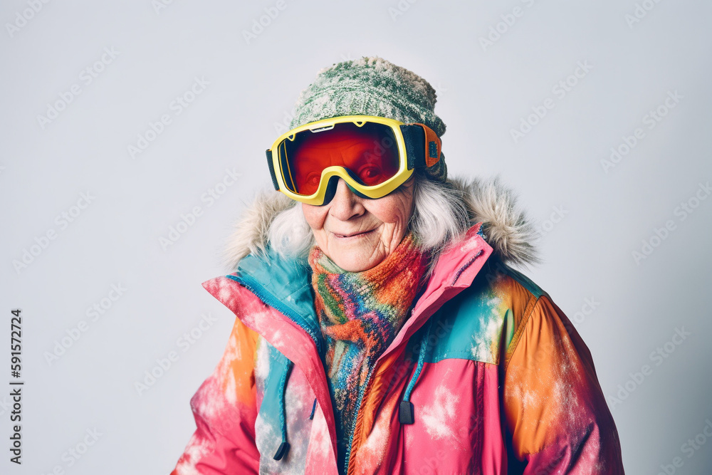 Funny old lady skiing. Generative AI