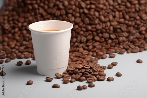 Blank white coffee cup mock up template surrounded by coffee beans Generative AI