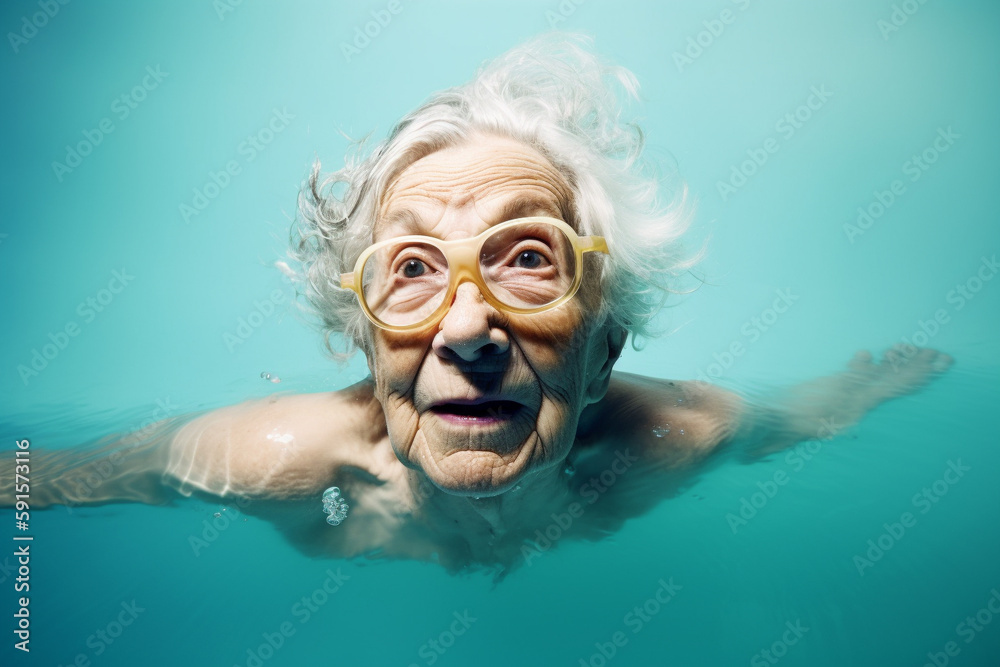 Fototapeta premium Funny old woman swimming in a pool. Generative AI