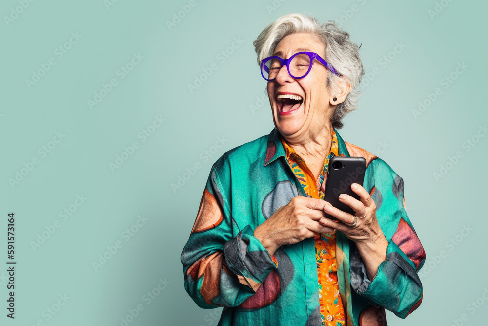 Fototapeta premium Funny old woman looking at a smartphone screen, laughing. Generative AI