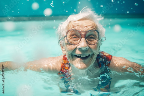 Funny old woman swimming in a pool. Generative AI © Mihai Zaharia