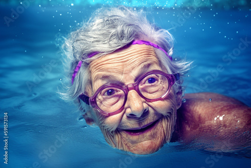 Funny old woman swimming in a pool. Generative AI