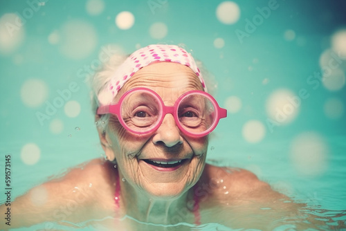 Funny old woman swimming in a pool. Generative AI