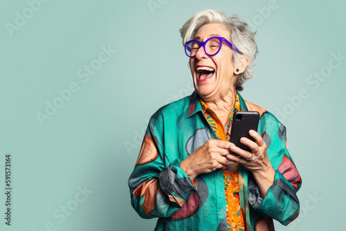 Funny old woman looking at a smartphone screen, laughing. Generative AI