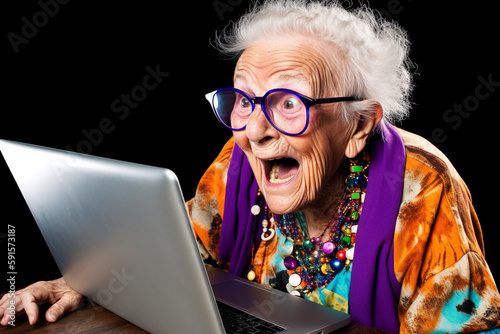 Funny old woman desperately trying to use a laptop. Generative AI