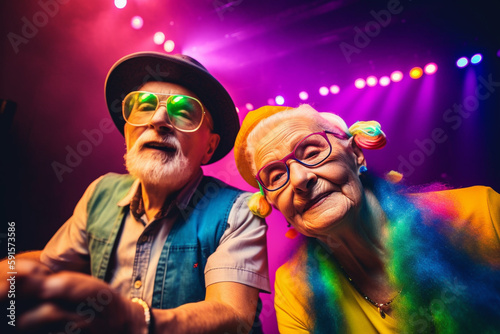 Old couple of husband and wife, enjoying retirement - they are attending an electronic music festival together. Generative AI