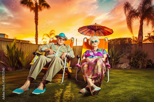 Old couple of husband and wife, enjoying retirement - they are chilling and relaxing in their backyard. Generative AI
