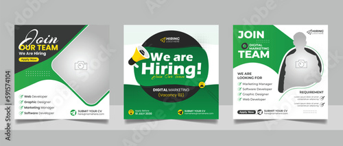 Hiring job vacancy social media post template set. Vacant recruitment digital marketing web banner square flyer design with green yellow color.