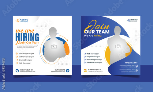 We are hiring job vacancy social media post digital marketing banner design template with blue orange color set.