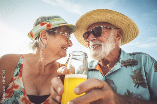 Old couple of husband and wife, enjoying retirement - they are drinking beer and laughing on a tropical beach. Generative AI