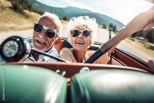 Old couple of husband and wife, enjoying retirement - they are riding a cabrio car while on a trip. Generative AI