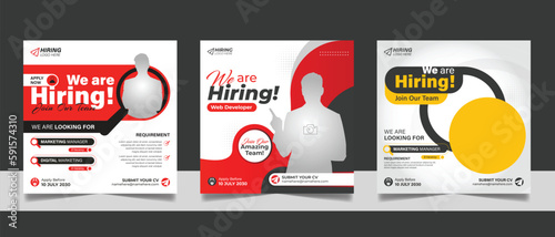 We are hiring social media post banner job vacancy template with black red yellow color. corporate employee recruitment square flyer design.
