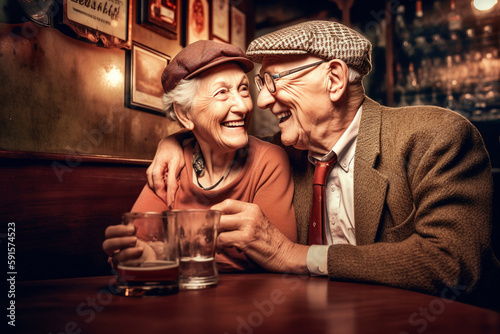 Old couple of husband and wife, enjoying retirement - they are drinking and having fun in a pub. Generative AI photo