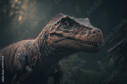 A menacing dinosaur with sharp teeth and claws stands in a prehistoric landscape. Generative AI. © SERHII
