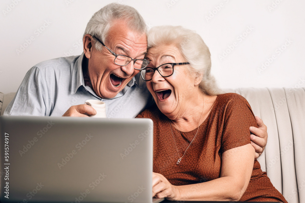 Old couple of husband and wife, enjoying retirement - they are looking at a laptop and laughing. Generative AI Old couple of husband and wife, enjoying retirement - they are looking at a laptop and laughing. Generative AI