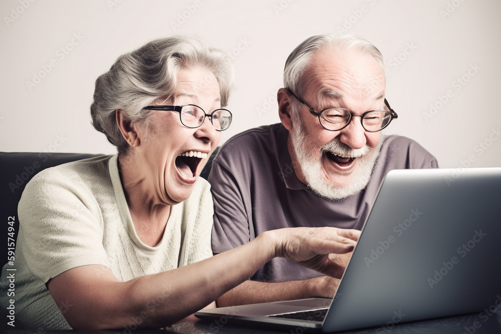 Old couple of husband and wife, enjoying retirement - they are looking at a laptop and laughing. Generative AI