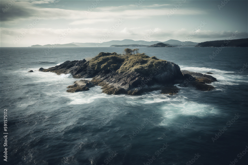 Obraz premium tempestuous coastal landscape with island at the horizon, generative ai