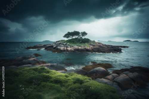tempestuous coastal landscape with island at the horizon, generative ai © Loks